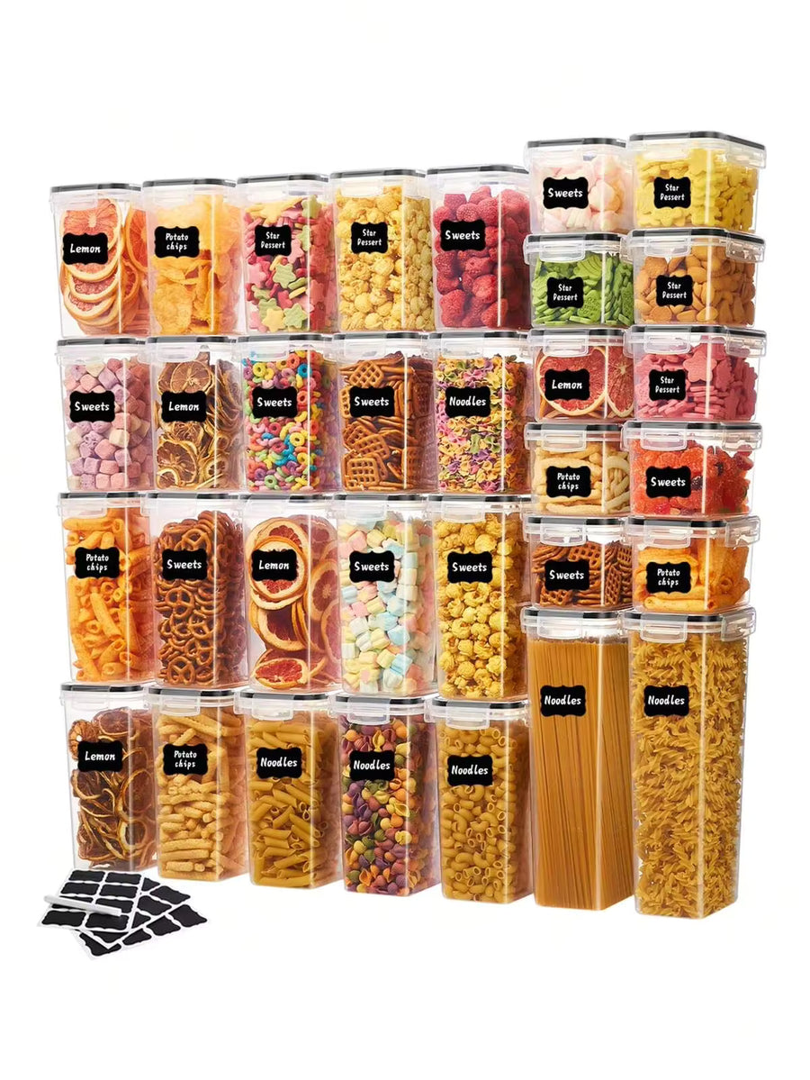 24pcs Airtight Food Storage Container With Lid, Plastic Food Storage Room Organization And Storage Without Bisphenol A, Food Cans For Grains, Pasta, Flour, Sugar, Labeled, Marked, Dishwasher , Plastic Food Storage Can, Household Kitchen Supplies