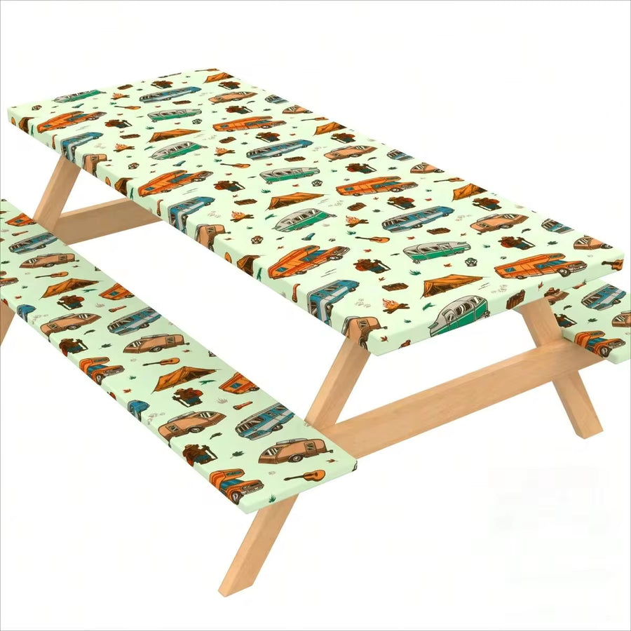 72"X30" Elastic Fitted Camping Table Cover With Bench Covers, Picnic Tablecloth Fits 6ft Rectangular Tables & Seats, Polyester Washable Waterproof Spill Resistant Oil-Proof, Windproof Outdoor Patio RV Camping Essentials
