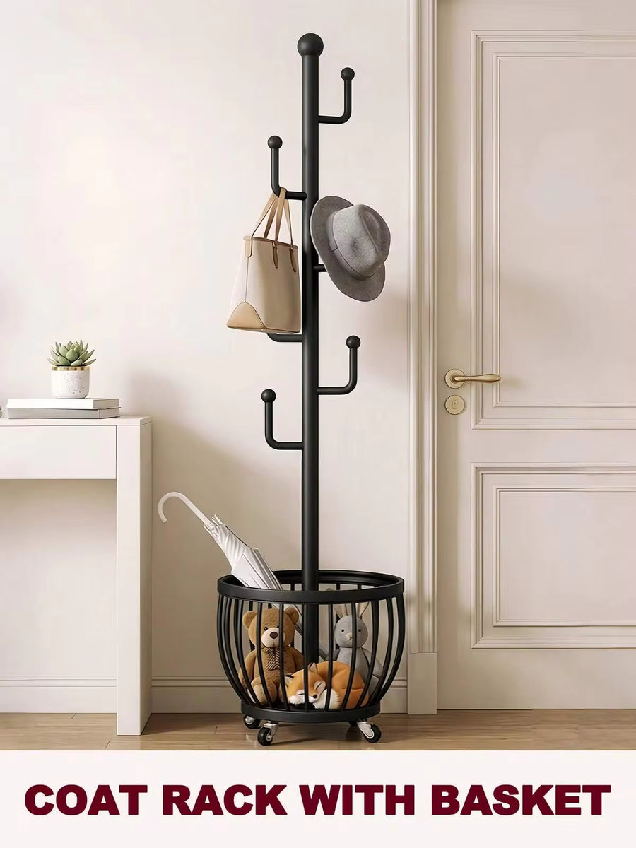 Black Tree Coat Rack Stand With Clothes Basket, Sturdy Freestanding Coat Rack, Purse Rack Hat Rack Stand, Clothes Rack With Metal Frame, Bedroom Storage Organizeration, Home Decor, Morden Style, Coat Stand Fits Entryway Bedroom Office For Bags, Hats